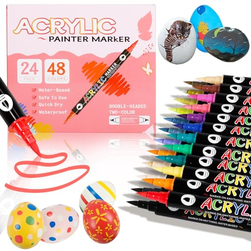 MQVXT Acrylstifte für Steine Wasserfest,48 Farben Stifte Steine Bemalen Wasserfest,1-5mm Dual Tip Stifte Steine Bemalen Wasserfest Acrylstifte für Osterei,Glas,Keramik,Holz,Leinwand,Papier