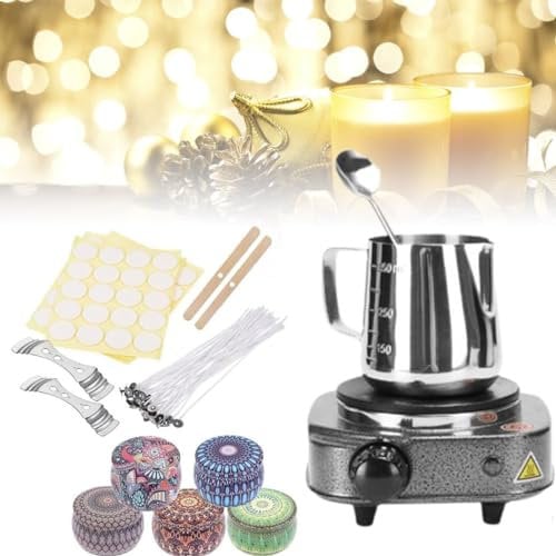 HLGKBY Electric Wax Melter Kit, Candle Making Set with Electronic Hot Plate, Includes Melting Pot, Spoon, Cotton Wicks, Wick Stickers, Perfect for DIY Candle Making