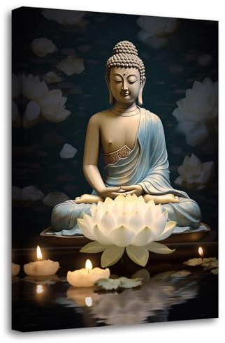LZIMU Buddha Gemälde Zen Leinwandbilder Buddha Statue und weißes Lotusbild spirituelle Drucke Spa Kunstwerk für Yoga Meditation buddhistischer Gebetsraum(Bild-1, (30.00 x 45.00 cms))