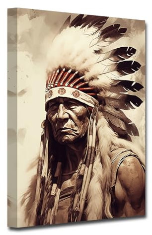 CXHOSTENT Indianer Leinwand Wandbilder Indianerhäuptlings Kopfschmuck gefiederte Kunstdrucke Retro Indianerhäuptlings Stammesbilder (D, 60.00 x 90.00 cms)