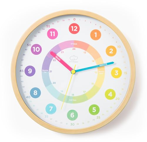 LittleHippo Learning Wall Clock for Kids for Classroom, Bedrooms, Nursery, Playroom - Kid's Analog, Silent, Non-Ticking Clock for Teaching to Tell Time, Study to Learn to Tell Time