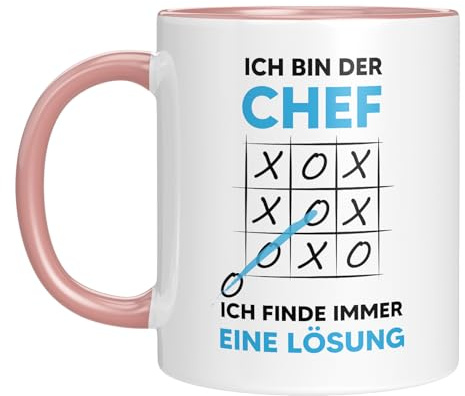 Lustige Tasse mit Spruch | Ich bin der Chef, ich finde immer eine Lösung | Mit Tic Tac Toe-Motiv | Geschenkidee für den Boss | Kaffeebecher 330 ml