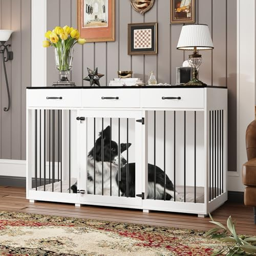 Hundekäfig, Hundebox mit 3 Schubladen, Hundehütte mit Sicherheitsschloss, große Hundebox für den Innenbereich, Hundehaus für drinnen,136 x 85 x 56 cm, weiß, MDF
