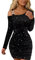EMOTTOS Damen Sexy Pailletten Minikleid, Ausgehkleider Schulterfrei Quadratische Schnalle Abgeschrägte Schultern Wickelkleid, Unten Taille Falte Slim Fit Bodycon Enge Partykleid, Schwarz, S