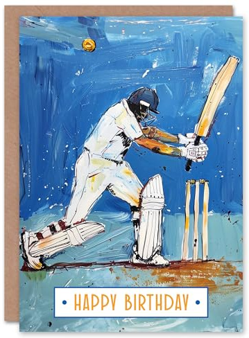 Artery8 Batsman Sport Cricket Player Wicket Painting Blank For Him Or Her Art Birthday Card