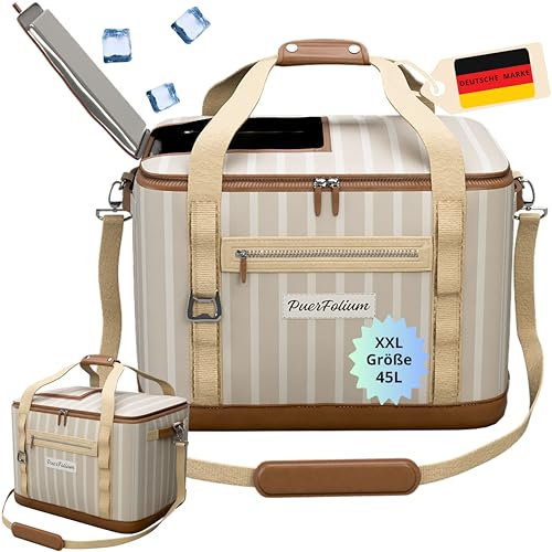 Kühltasche Groß Faltbar 45L Leicht Wasserdicht Oberklappe zum Einkaufen Camping Auto Picknick Strand Reise Thermotasche Isoliert BBQ Kühlbox für Freunde Familie Ausflug Outdoor Freizeit Angeln BEIGE