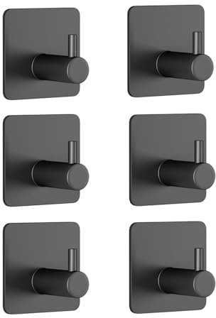 peiqiup Ganchos Adhesivos Para Pared Negro (6 Piezas), Inoxidables Colgador Toalla Baño Adhesivo, Accesorio De Pared Sin Taladrar, Impermeable, Para Baño y Cocina, Negro, Plaza