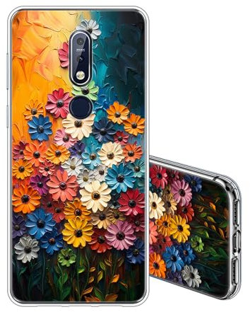 JEZSTHAI Kompatibel mit Nokia 7.1 Hülle Silikon Gel Klar Durchsichtige Weiche Stoßfeste Kratzfeste Schlank Schutzhülle Vintage Blumen Muster Transparent Handyhülle