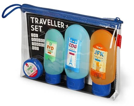 Legami - Set da Viaggio con 3 Flaconi (2x100 ml e 1x60 ml), 1 Spatola e 1 Vasetto (30ml) conformi alle Norme Aeroportuali, Etichette removibili e resistenti all'Acqua