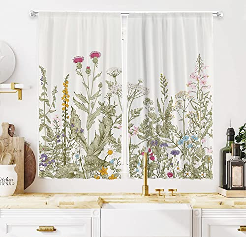 Syleubucy Wildblume Küche Fenster Vorhänge, Bauernhaus Floral Salbei Cafe Vorhänge Wohnzimmer Schlafzimmer Rod Pocket Fenster Drape Behandlung Stoff 2er Set 60 x 90cm, (120x90 cm, Wildblume)