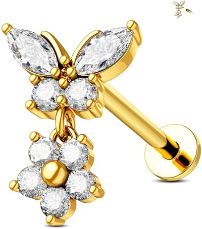 Jewseen Flache Rückseite Ohrring Innengewinde Helix Ohrring Blume baumeln Knorpel Piercing Schmuck 316L Chirurgenstahl Tragus Stud
