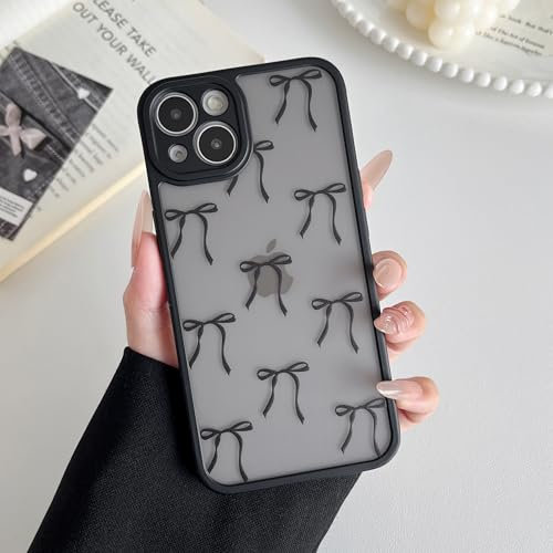XIZYO Case for iPhone 15 6.1 Inch, Cute Frosted Translucent Ribbon Bow Tie Pattern Shockproof Cover, for Girls Women Luxury Aesthetic Soft TPU Protective Phone Case, Ribbon/Black