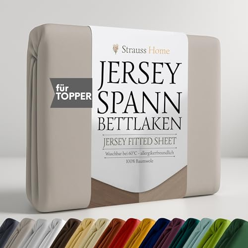 Strauss Home Premium Spannbettlaken Jersey 180x200-200x200 cm Topper - 160 g/m² 100% gekämmte Baumwolle, 10 cm Steg, Oeko-TEX - für Matratzentopper bis 10 cm - Dunkelgrau