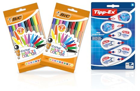 BIC Bundle of Cristal Multicolour Stylos-Bille Pointe Large (1,6 mm) - Couleurs Assorties, Lot de 2 Pochettes de 10 + Tipp-Ex Mini Pocket Mouse Rubans correcteurs - Lot de 6