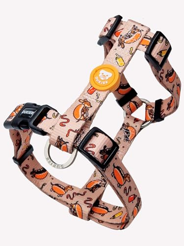 DUKIER Klassisches Hundegeschirr, verstellbare und H-förmige Weste für Haustiere, zugelassen, mit 4-Punkt-Sicherheitsverschluss, Hot Dogs-Design, Größe M