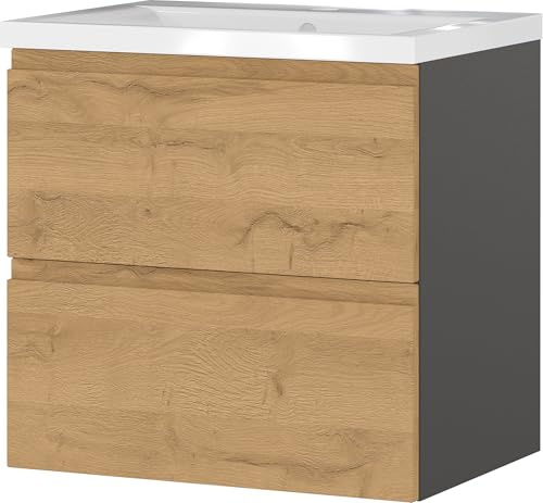 Germania Waschtisch mit Becken 9089-564 GW-Salinas, in Graphit/Grandson-Eiche-Nb., Selbsteinzug der Schubladen, 61 x 65 x 47 cm (BxHxT)