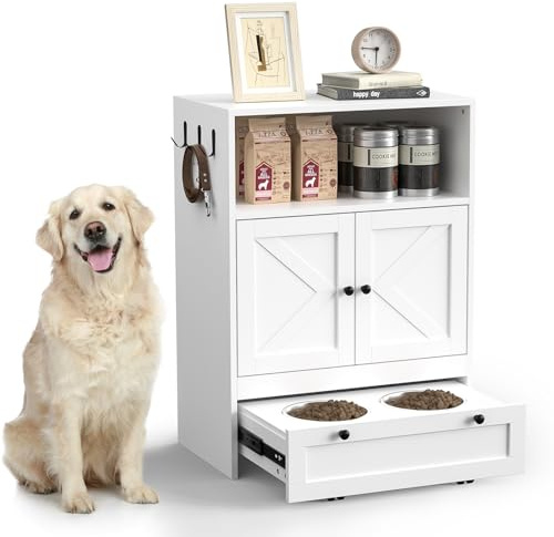 Skokliz 82cm High Dog Feeding Station with 2 Elevated Bowls, Pet Organizers and Storage Cabinet with 3 Hangers, Pet Feeder Station, Hidden Pet Storage Cabinet for Cats and Dogs