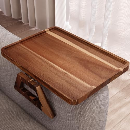 Fibogollo Akazienholz Sofatablett Armlehne,Festclip Couch Tablett Armlehnen Tray für Snacks,Handy,Control,Tassen