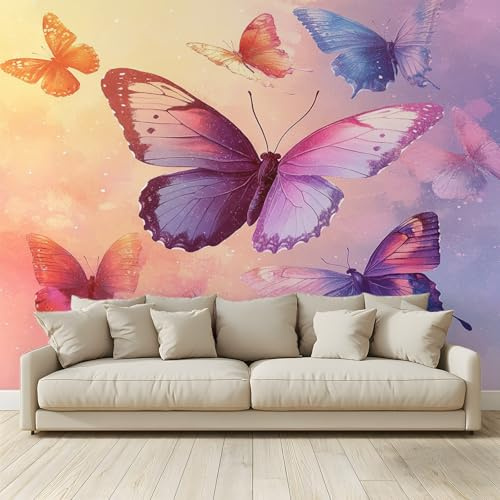 MKBKLI Papier Peint Panoramique Papillons roses violets Murale 3D Intissé Fresque Poster Décoration Fond De Mur Tv Salon Chambre 250 (H) x 175 (L) cm