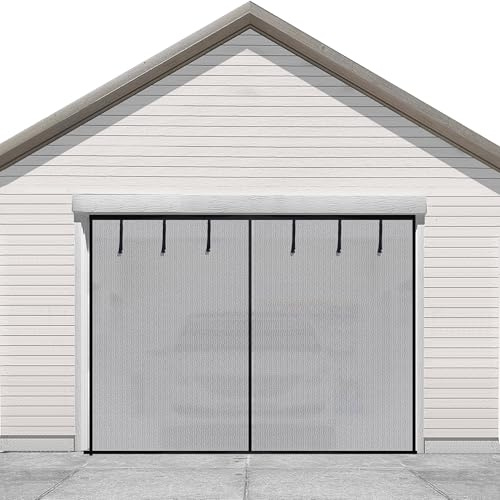 Sunolga Privacy Garage Door Screen, 8x7 Ft Heavy Duty Magnetic Screen Door with Strong Magnets and Strapping Tapes, Hands-Free Screen Door Mesh for 1-Car Garage, Patio, Porch, Sliver