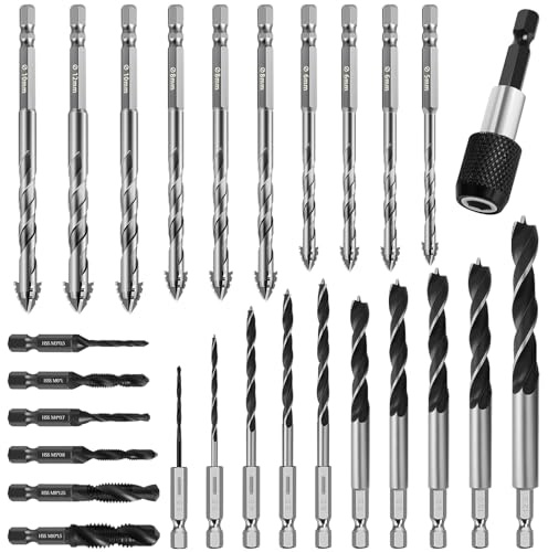 27-TLG. Fliesenbohrer Bohrer Set Betonbohrer set mit Sechskantschaft mit M6 Verbindungsschraube für Fliesen Holz Metall und Beton, 2,5-12mm
