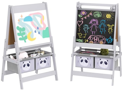 AIYAPLAY Lavagna per Bambini Cancellabile Doppia Facciate 3-8 Anni Grigio | Rotolo di Carta, 2 Contenitori, Lavagna Bianco Nero, Cavalletto Artistico in Legno, Pittura, Regalo