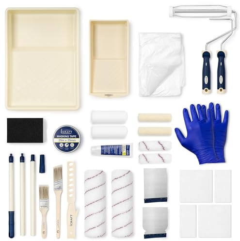 iCRAFT 9 inch and 4 inch All-in-One 24-piece Paint Set, Decoration & Wall Repair Kit – Rollers, Brushes, Filler, Sanding Block, Extension Pole, Tray, Masking Tape & Dust Sheet