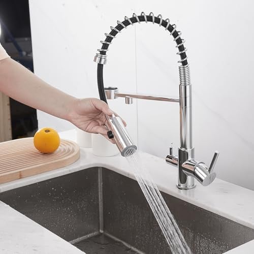 Miscelatore 3 vie Cucina Molla Collo di Cigno Rubinetto Lavello Cucina 3 Vie con Doccetta Doppia Maniglia,cromato
