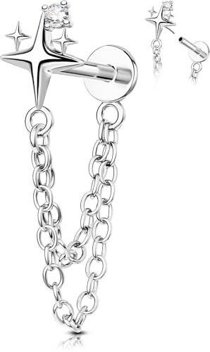 OUFER Body Piercing Helix Earring 316L Stainless Steel Star Chain Push in Labret Stud 16G(1.2mm) 6mm Gold/Silver CZ Cartilage Earring Threadless Helix Tragus Lip Nose Piercing Jewellery