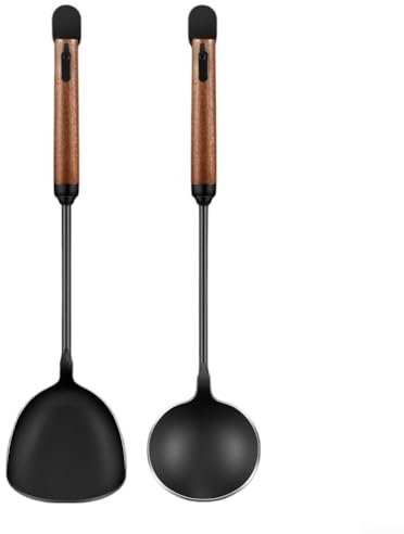 Ustensiles de cuisine essentiels avec spatule et cuillère en fer avec poignée en bois naturel et design suspendu intégré