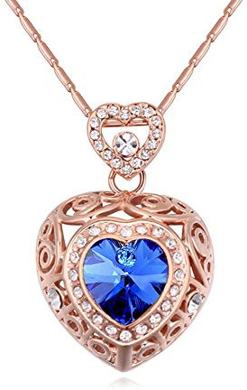 Bungsa Frauenkette 45cm rotgoldfarben BLUE HEART - 3D Herz Anhänger mit Kristall in blau & klarem Strass besetzt - Kette Halskette Damen ROSEGOLD - necklace crystals heart LOVE LIEBE AMORE