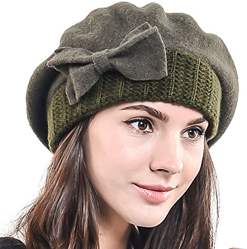 HISSHE Frauen Barette 100% Wolle Baskenmützen Schicke Winter Mütze HY022 (Grün)