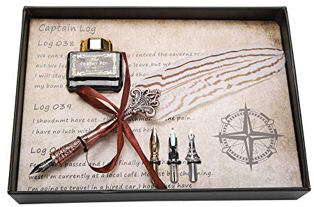 ASHATA Feather Quill Pen Calligraphy Set,Retro Classical Fountain Pen Feather Dip Pen Ink Bottle Set Stationery Gift Box for Birthday for Friend,Family Members,Teachers.(White)