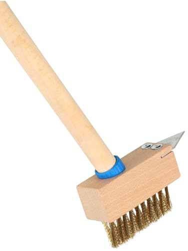 Heavy-Duty Weed Remover Tool with Long Wooden Handle, 120cm Wire Brush Patio Cleaner, Angled Brass Bristles, Steel Blade Scraper, Ideal for Cleaning Patios, Block Paving, and Driveways
