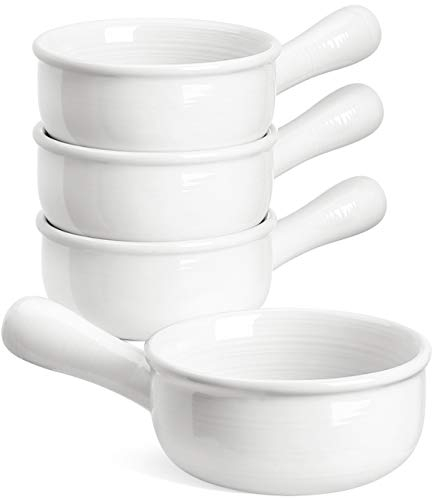 LE TAUCI French Onion Soup Bowls, 15 Ounce Ceramic Soup Bowls with Handles, for Chili, Beef Stew, Oven Microwave Dishwasher Safe, Set of 4, White