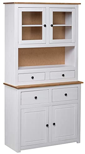 vidaXL Panama-Kiefer Massiv Highboard mit 4 Schubladen 4 Türen Rustikal Kommode Anrichte Schrank Vitrine Standschrank Weiß 93x40,5x180cm