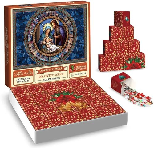 Advent Calendar 2024 Nativity Scene Jigsaw Puzzle 1000 Pieces Puzzles Jigsaw Countdown Calendar for Christmas Gifts 24 Boxes Puzzles for Countdown for the Whole Family
