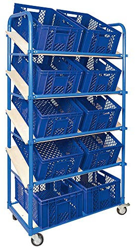 Schrägboden-Regalwagen mit 5 Ebenen, bestückt mit 10 Euroboxen durchbrochen 600x400x240 mm blau
