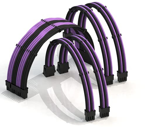 LINKUP - 30cm Extensión de Cable de PSU Súper Suave y Flexible con Funda Personalizada Mod GPU PC Trenzado con Kit de Alineadores|1x 24P (20+4) MB| 2x 8P (4+4) CPU| 2x 8P (6+2) GPU|300mm Púrpura Negro