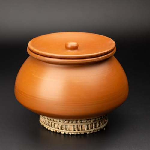 Swadeshi Blessings Faitout en terre cuite non émaillée pour cuisine et service avec couvercle, 3 litres (avec brillance miroir) + support en feuille de palmier gratuit