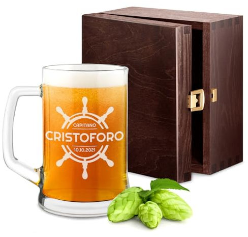 Maverton Boccale per la Birra in vetro con personalizzazione - capienza 500 ml idea regalo per il compleanno - H12 cm x Ø8,5 cm - Perfetto per ogni uomo amante della buona Birra - capitano