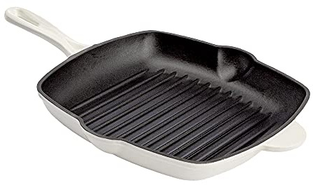 Country Living Enameled Cast Iron Square Griddle Grill Pan with Ridges, Helper Handle and Pouring Spouts for Easy Draining, Indoor Grilling Skillet, 11-Inch, Cream