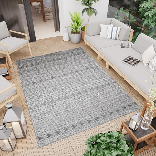 TAPISO Capri Teppich Outdoor Wohnzimmer Terrasse Grau Metallgrau Flachgewebe Geometrisch Boho Ethno Design Sisal Strapazierfähig Indoor 160 x 230 cm