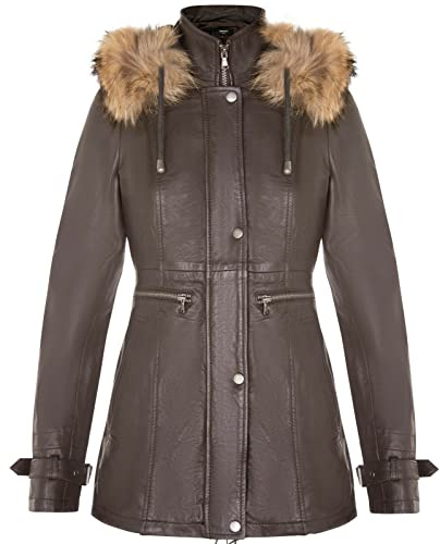 Women's Brown Warm Leather Jacket Detachable Hooded Parker Trench Coat L