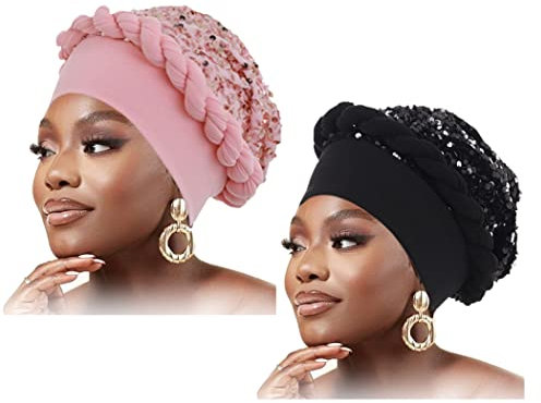 Woeoe Damen Turban Kopfwickel Pailletten Beanie Cap Headwrap Pre Tied Braid Head Cover Cap Headwear for Black Women (2 Stück) (Schwarz, Rosa)