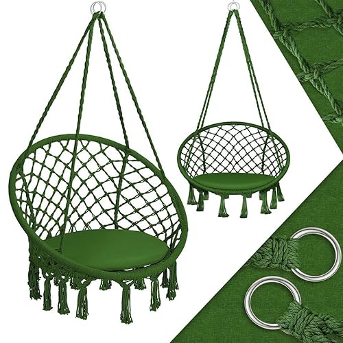 KESSER® Hängesessel 150kg mit 2 Stahlringe Sitzpolster geflochten Fransen Hängestuhl Hängekorb Schaukelkorb Garten Indoor wetterfest, wasserabweisend, Khaki
