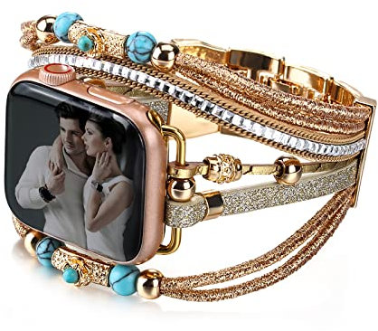 CHARMINGO Correas de cuero bohemias compatibles con Apple Watch para mujeres y hombres, 38mm/40mm/41mm, correa multicapa para Apple Watch Series 8, 7, 6, 5, 4, 3, 2, 1, SE Ultra, Dorado-02