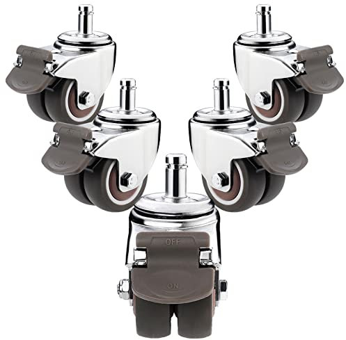 LIGUOYI Doppelrollen 11mm x 22mm Office Bürostuhl Ersatz Rollen 5 Set Leise Gummi(TPE) Rollen 50mm hartbodenrollen Keine Kratzer 440lb Tragkraft, Lenkrollen mit Bremse für alle Böden oder Teppiche