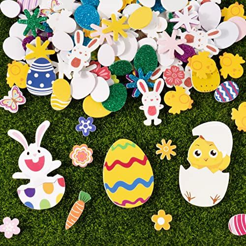 200 Pcs Ostern Aufkleber Schaumstoff Ostern Sticker Glitzer Ostersticker Ostereier Blumen Kaninchen Küken Osteraufkleber für Kinder zum DIY Basteln Party Mitgebsel Osterfeier Deko