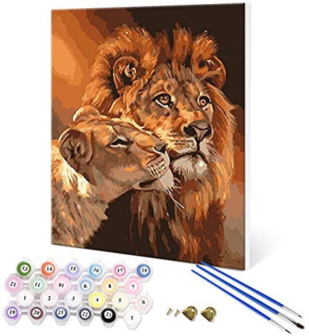 Fuumuui Malen Nach Zahlen Erwachsene und Kinder Anfänger Gemälde mit Rahmen inklusive Pinsel und Acrylfarben 40 x 50 cm - Tiere, Löwen